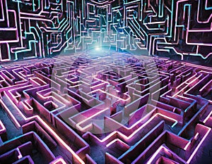 An intricate neon lit maze symbolizing network defense against malicious intrusions