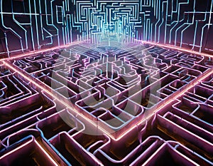 An intricate neon lit maze symbolizing network defense against malicious intrusions