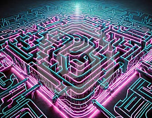 An intricate neon lit maze symbolizing network defense against malicious intrusions