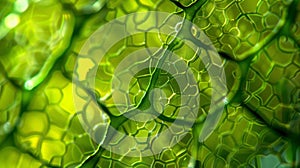 An intricate network of green chloroplasts can be seen inside the plant cell harnessing the power of sunlight to provide photo