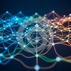 Network of interconnected nodes and lines forming a web-like structure