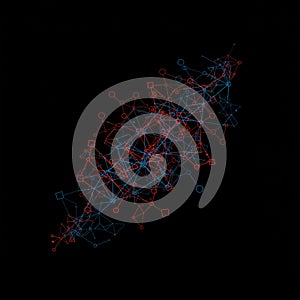 Intricate network of interconnected nodes and lines in red and blue on a black