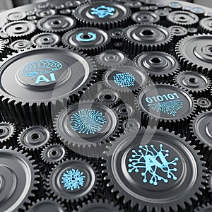 Intricate network of interlocking gears symbolizing the complex interplay of artificial intelligence and digital technology
