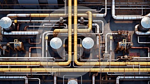 An intricate network of pipes and valves fills the frame, showcasing the industrial beauty and complexity of a buildings