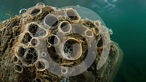 An intricate network of rotifer colonies attached to a submerged rock their intricate structures reminiscent of a