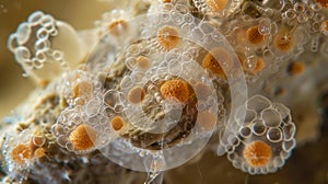 An intricate network of rotifer colonies attached to a submerged rock their intricate structures reminiscent of a