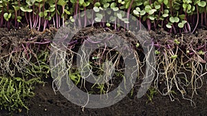 An intricate network of tiny roots spread out beneath the surface of the soil nourishing the growing microgreens above