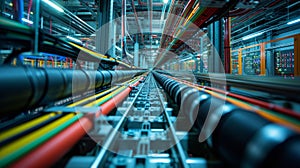 An intricate network of wires and cables connecting machines and devices in a factory enabling seamless communication photo