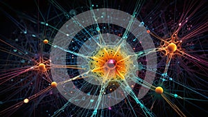 Neural network dynamics visualized with interconnecting nodes, synaptic patterns, and information flows - AI generated