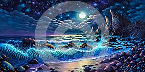 Intricate night seascape with rocky seashor and full moon on starry sky. Fantasy background