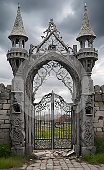 An intricate openwork lattice of a Gothic gate leads to an ancient medieval city, background for a smartphone, fantasy painting