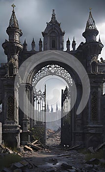 An intricate openwork lattice of a Gothic gate leads to an ancient medieval city, background for a smartphone, fantasy painting