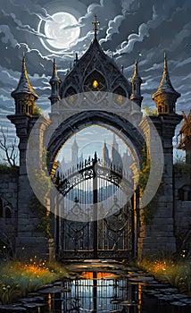 An intricate openwork lattice of a Gothic gate leads to an ancient medieval city, background for a smartphone, fantasy painting