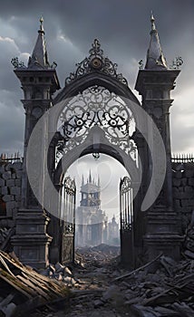 An intricate openwork lattice of a Gothic gate leads to an ancient medieval city, background for a smartphone, fantasy painting