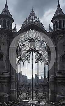 An intricate openwork lattice of a Gothic gate leads to an ancient medieval city, background for a smartphone, fantasy painting