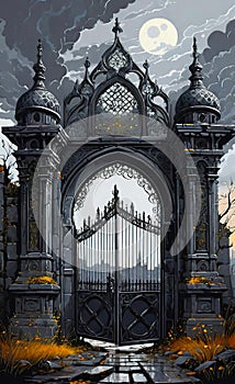 An intricate openwork lattice of a Gothic gate leads to an ancient medieval city, background for a smartphone, fantasy painting