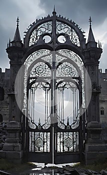 An intricate openwork lattice of a Gothic gate leads to an ancient medieval city, background for a smartphone, fantasy painting