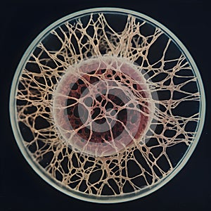 Intricate Organic Web Structure Encased in Petri Dish, A Microscopic View.