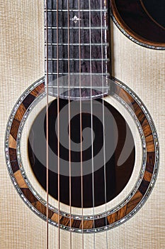 Intricate and ornate sound hole of acoustic guitar of Brazilian rosewood, abalone and Engleman Spruce