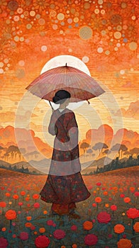 Intricate Paper Art of Poppy Fields in Japan: A Fusion of Neo-Impressionist and Ukiyo-e Styles. Perfect for Wall Decor.