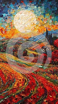 Intricate Paper Art of Poppy Fields in Japan: A Fusion of Neo-Impressionist and Ukiyo-e Styles. Perfect for Wall Decor.