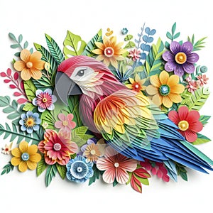 Intricate Paper Marvel: Kirigami Parrot Amidst a Burst of Florals, White Canvas Heightening the Beauty