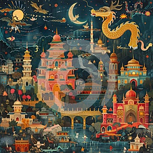 Intricate Pattachitra Cityscape: Mythological and Modern Worlds Intertwined photo