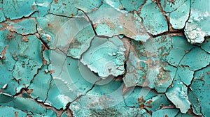 The intricate pattern of cracked turquoise paint reveals the passage of time on a textured surface. A beautiful decay