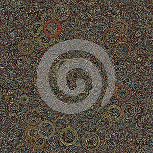 An intricate pattern of interwoven rings and geometric shapes forms a complex,