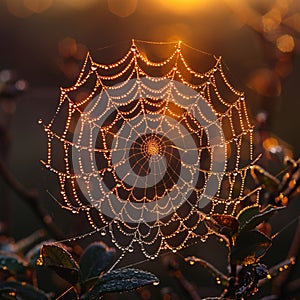 The intricate pattern of a spiders web at dawn