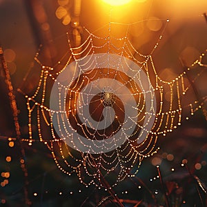 The intricate pattern of a spiders web at dawn