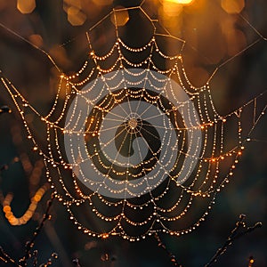 The intricate pattern of a spiders web at dawn