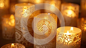 The intricate patterns etched into these candles add a touch of intricacy to the overall display drawing the eye in for photo