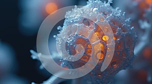 Intricate patterns and glowing textures are visible in a close-up view of cellular structures under a microscope