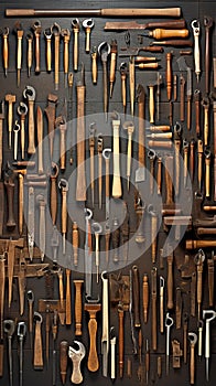 Intricate Patterns of Traditional Craftsmens Tools on Rustic Workbench photo