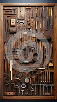 Intricate Patterns of Traditional Craftsmens Tools on Rustic Workbench photo