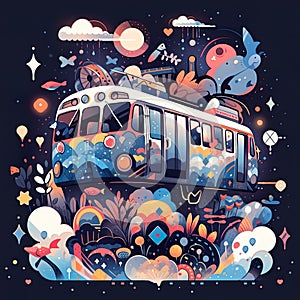 Intricate Pen Illustration of Bus Filled with Cartoon Characters in Clouds