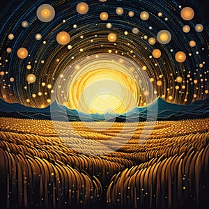 Intricate Pointillism Illustration: Mesmerizing Crop Circle in Wheat Field