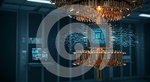 Intricate quantum computer setup featuring a central processing unit with a glowing