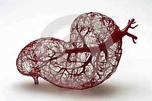 Intricate Red Vascular Structure in the Shape of a Human Heart Isolated on White Background