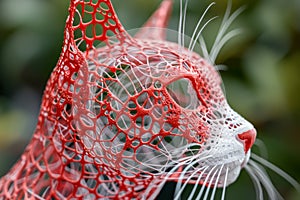 Intricate Red Wire Mesh Sculpture of a Cat\'s Head Against a Blurred Green Background