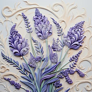 Intricate Relief Sculpture Of Lavender Flowers On White Wall