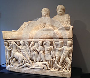 Intricate Roman marble frieze of battle scene