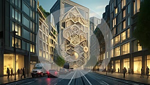 Intricate Sacred Geometry Adorns Modern Cityscape in Golden Hour Illumination