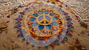 Intricate sand mandala with peace sign for Anti-Nuclear Test Day commemoration. International Day Against Nuclear Tests