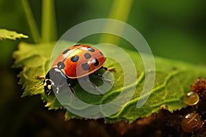 Intricate scene ladybug explores leaf edge, a tiny vibrant wanderer