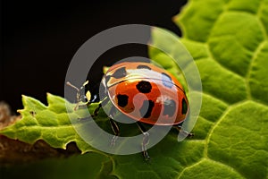 Intricate scene ladybug explores leaf edge, a tiny vibrant wanderer