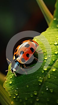 Intricate scene ladybug explores leaf edge, a tiny vibrant wanderer