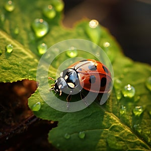 Intricate scene ladybug explores leaf edge, a tiny vibrant wanderer