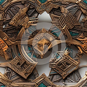 Intricate sculpture with archetypal symbols in dark gold and turquoise (tiled)